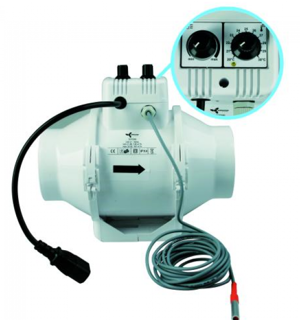 Ventilution Mixed In-Line Ventilator mit Thermostat & Regler, IEC-Kabel 100/187m³/h 100mm