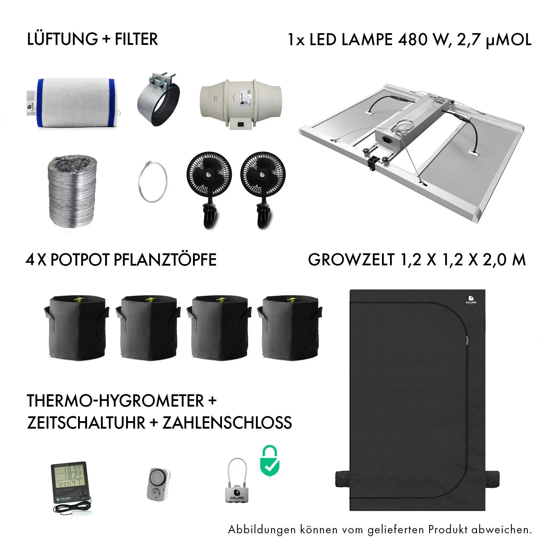 Growbox Komplettset 480W LED 120x120cm - Caluma Set - 4 Plants Plus Growbox Komplettset 480W LED 120x120cm - Caluma Set - 4 Plants Plus