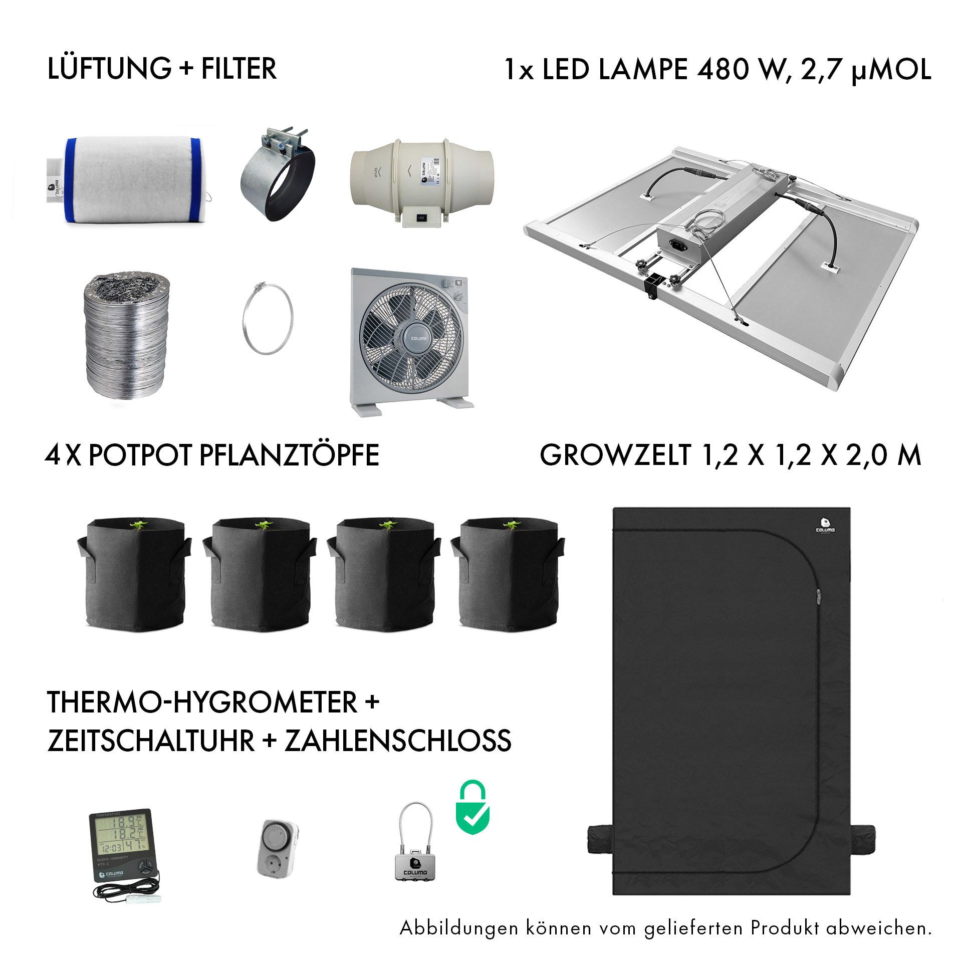 Growbox Komplettset 480W LED 120x120cm - Caluma Set - 4 Plants Plus