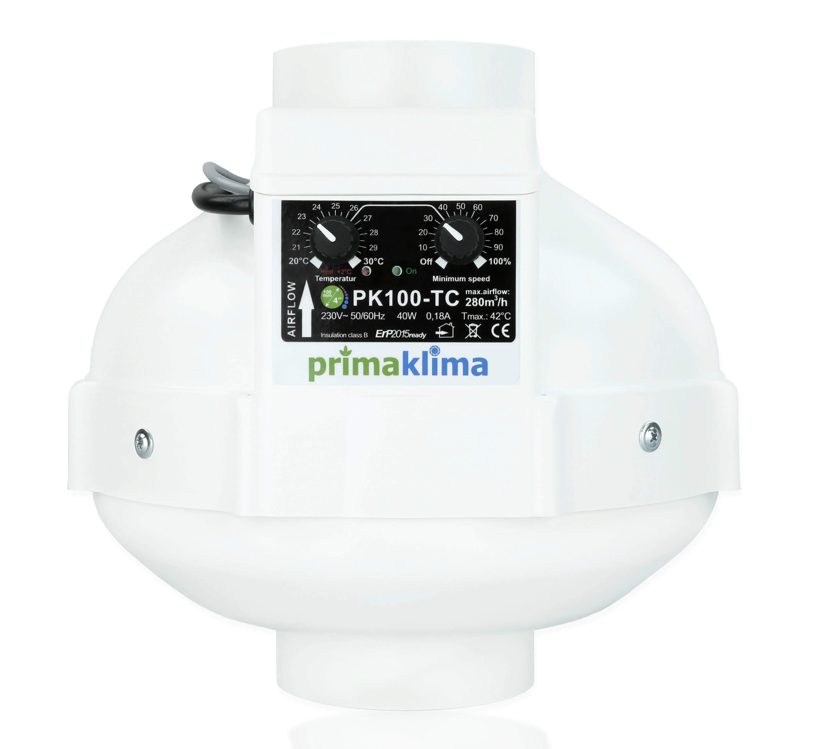 Prima Klima Rohrventilator TC Temp. Controlled 280m³/h 100mm PK100-TC