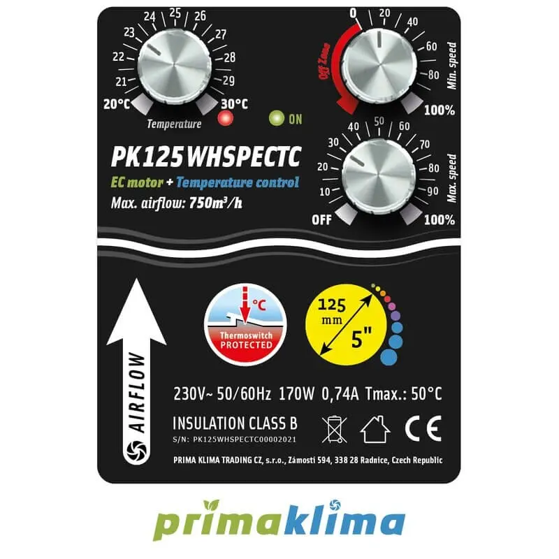 Prima Klima EC Silenced Fan Whisperblower Temp. Controlled 800m³/h 125mm